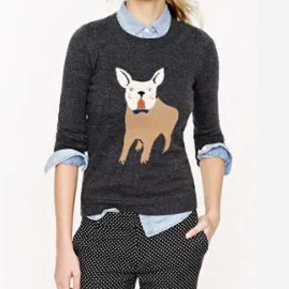 J.Crew Womens Grey Wool Blend French Bulldog Crewneck Sweater- Sz-S/M - Picture 2 of 16